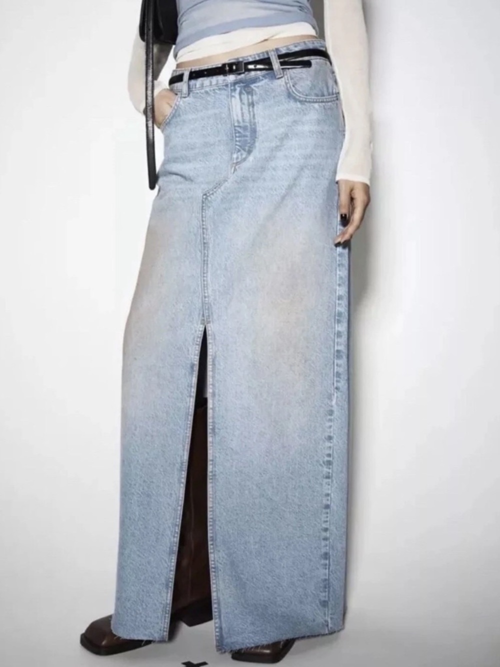 ZARA Z1975 MAXI PINK WASHED SLIT DENIM SKIRT